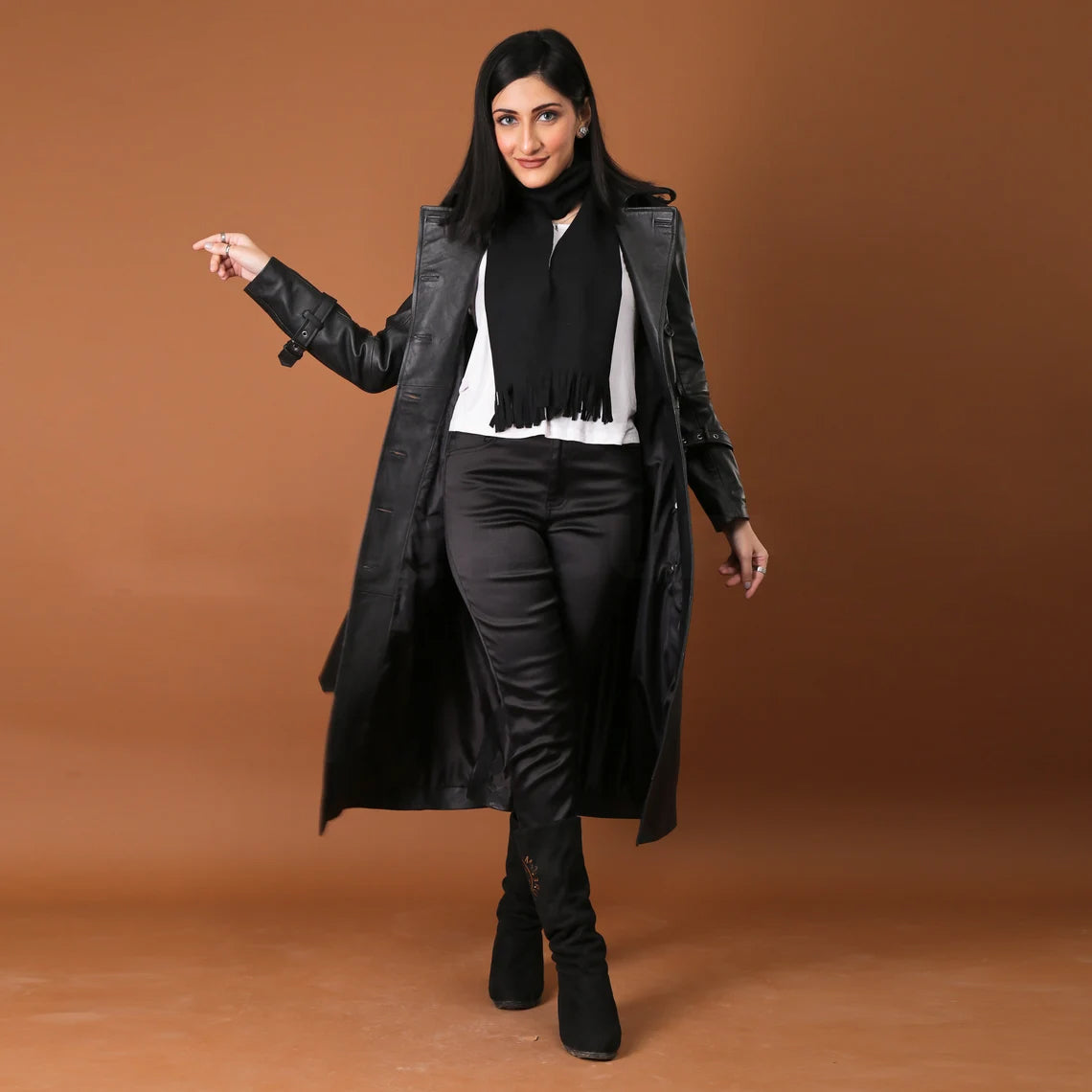 Timeless Grace Handmade Black Leather Trench Coat