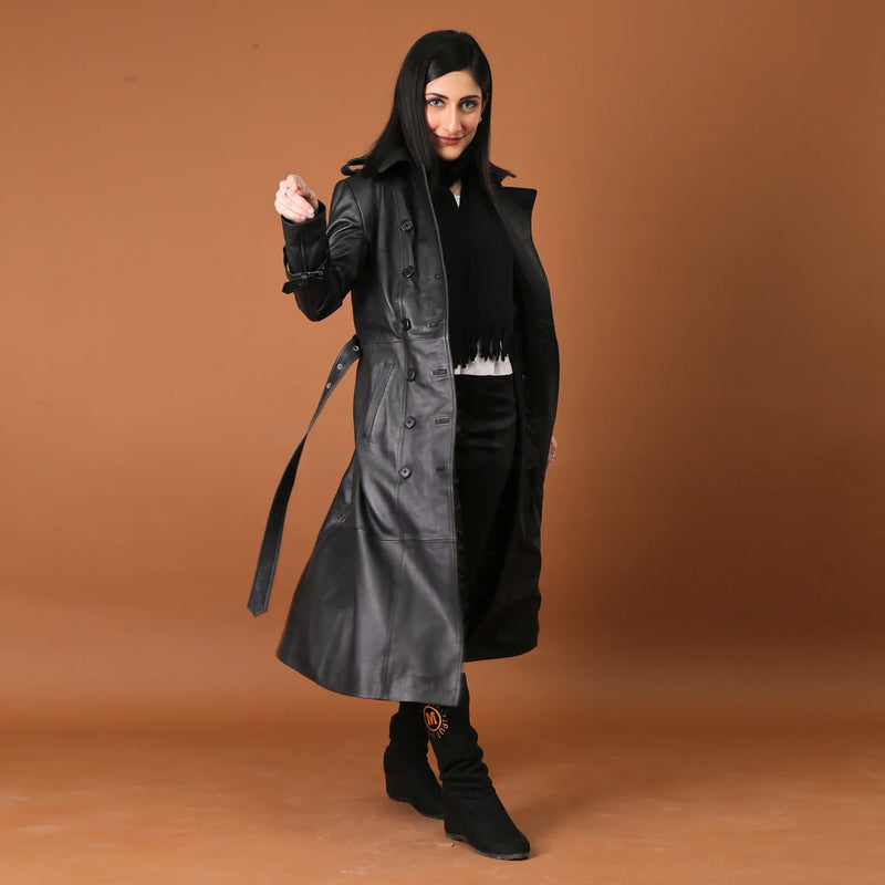 Timeless Grace Handmade Black Leather Trench Coat