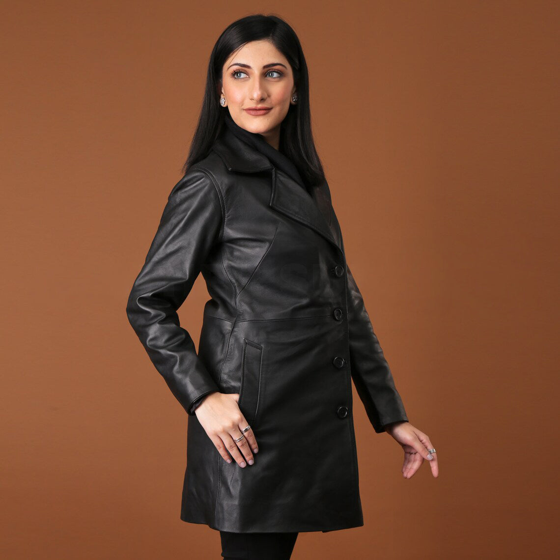 Elegant Handmade Black Leather Trench Coat for Women