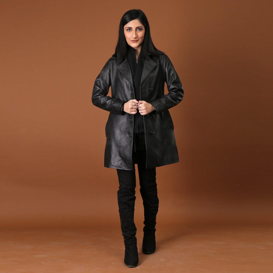 Elegant Handmade Black Leather Trench Coat for Women