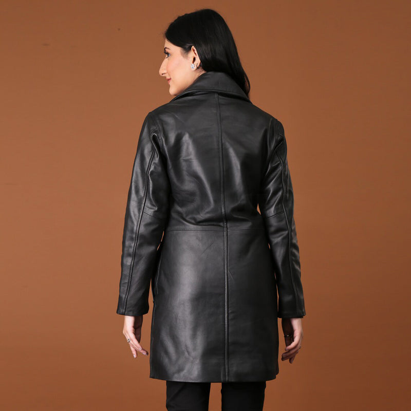 Elegant Handmade Black Leather Trench Coat for Women
