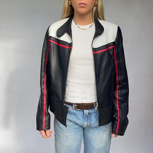 Effortless Chic Oversized Women Leather sheepskin Jacket in White and Red detailing- Black