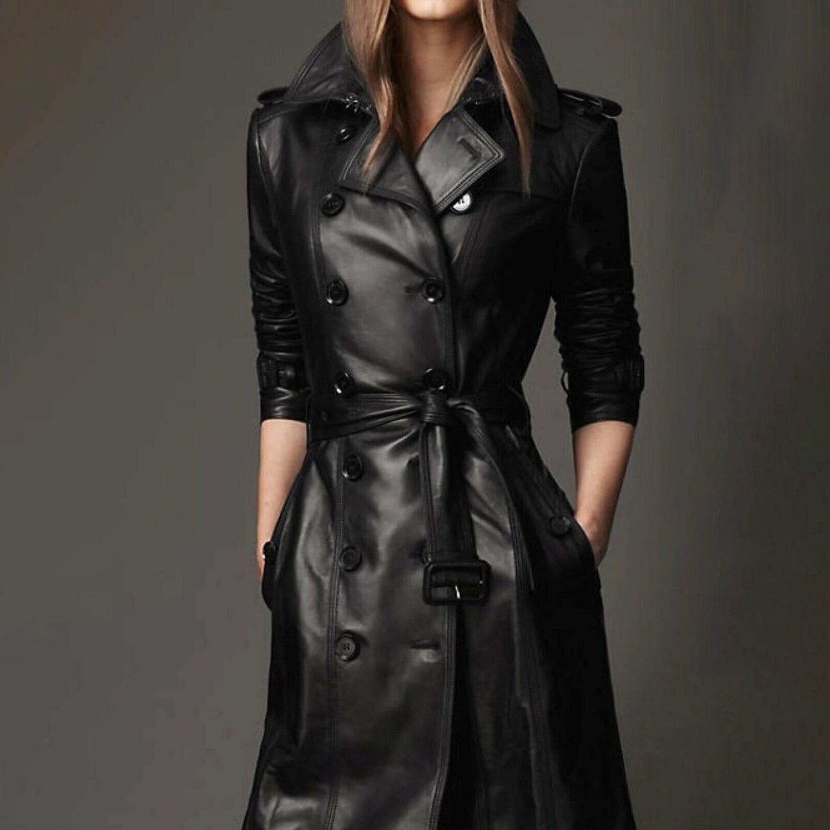 Elegant Handmade Women's Lambskin Leather Long Trench Coat in Timeless Black
