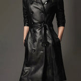 Elegant Handmade Women's Lambskin Leather Long Trench Coat in Timeless Black