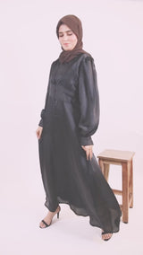 Ebony- Elegant Satin Maxi Dress with buttons series detailing- Noir Black