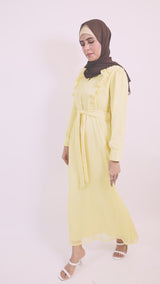 Safraa- Radiant chiffon lined Maxi dress with front flutters and belt with long sleeves- Lemon Yellow