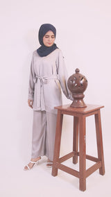 Fidah- Ravishing Satin modest two piece Co ord set with belt and spanish pants- Silver Gray